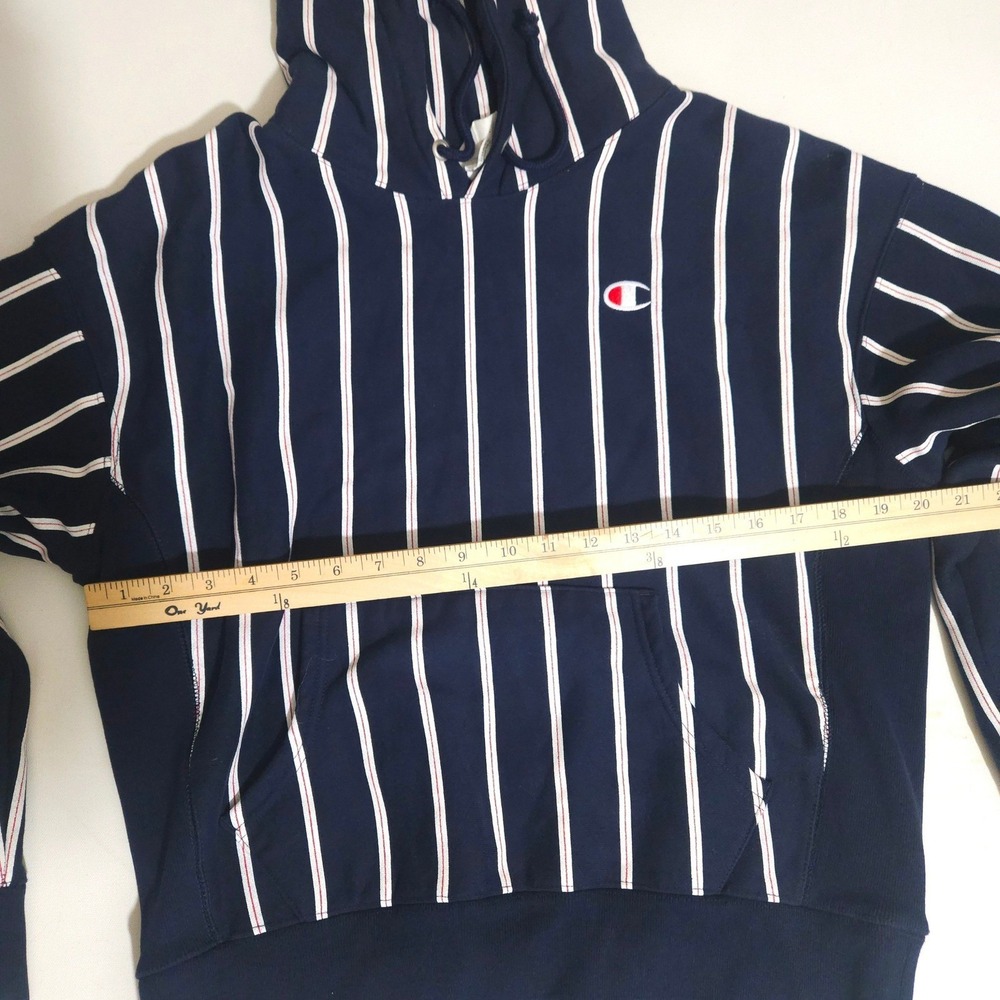 Womens Champion Reverse Weave Striped Hoodie Navy Blue White Large Sweatshirt - Picture 6 of 7